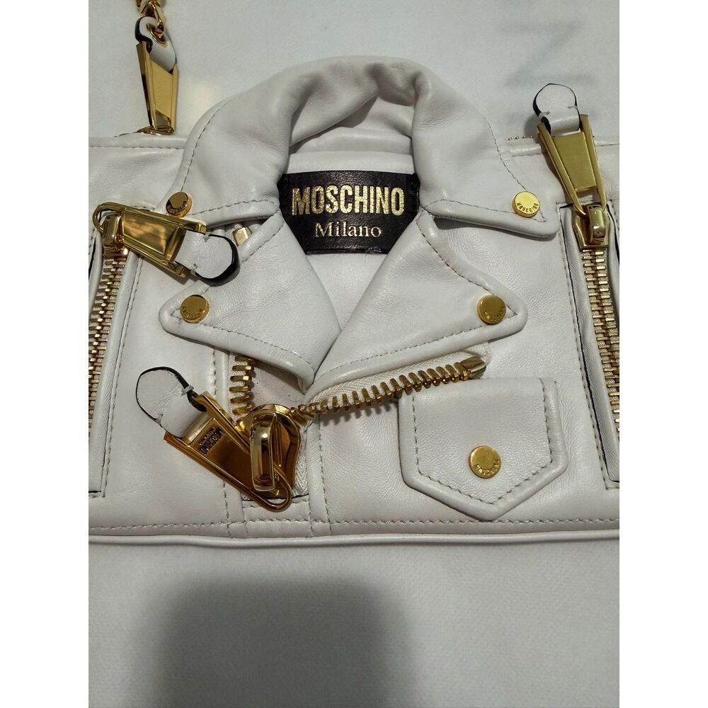 Moschino Milano Couture Biker Jacket Leather Crossbody Bag White - Excellent